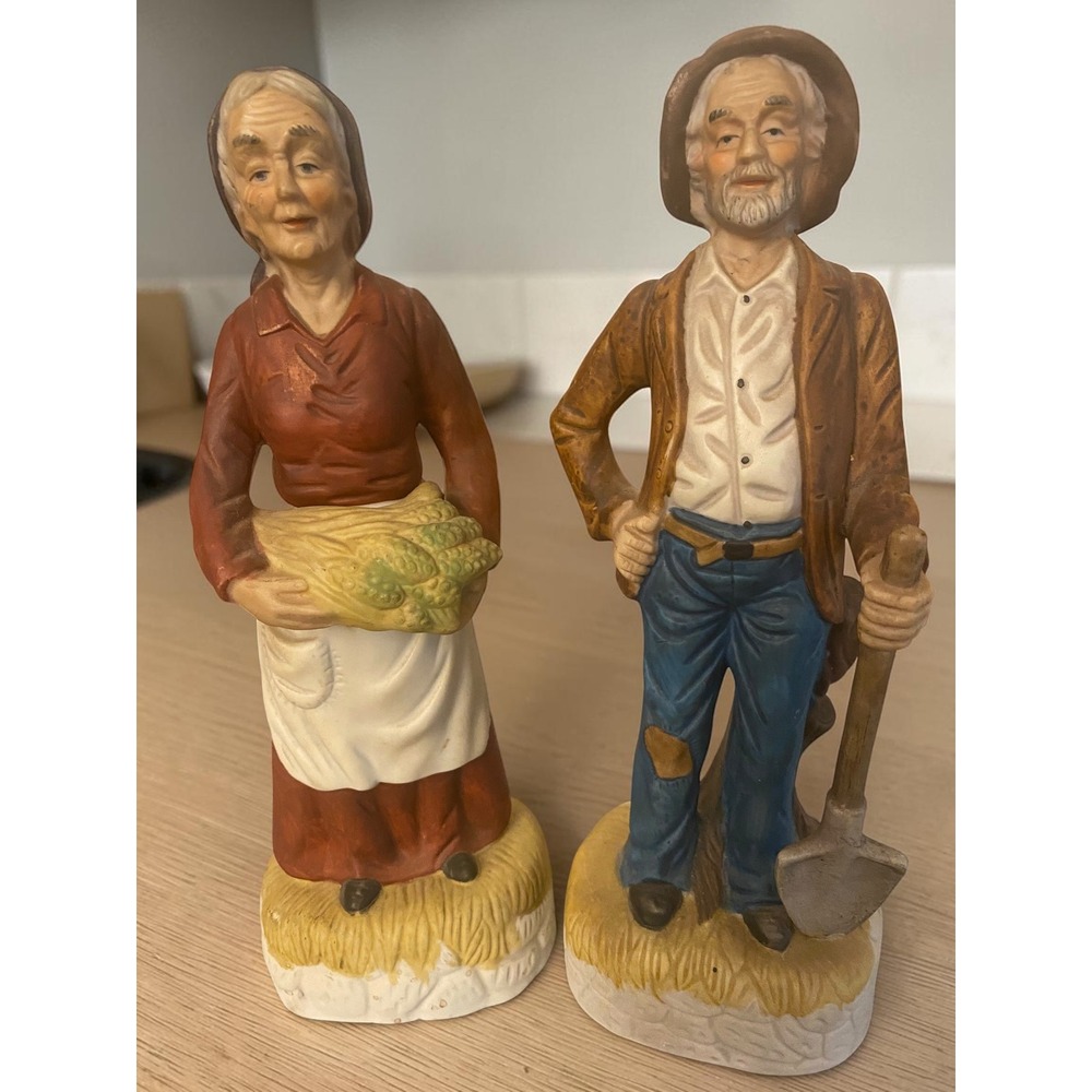 Flambro Vintage Farm Couple Porcelain Hand Painted Cottagecore Figurine Set